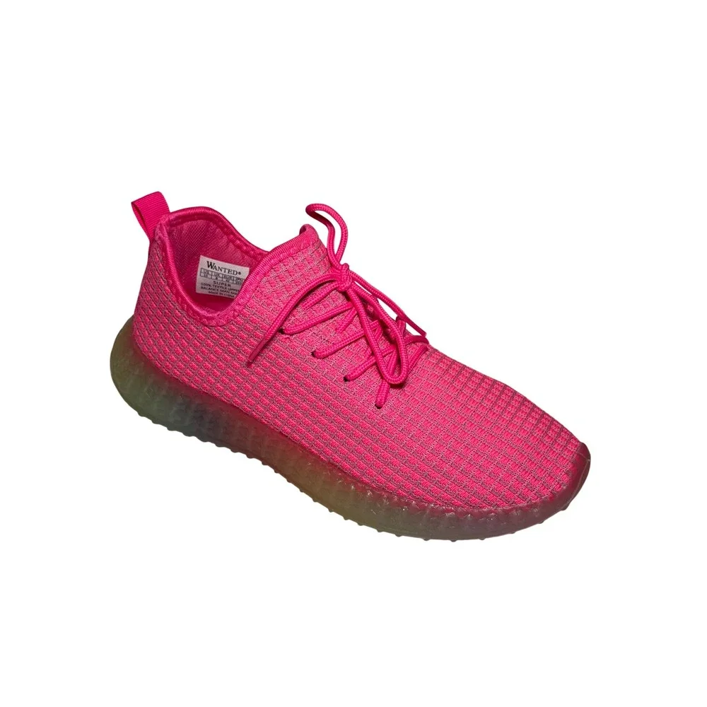 Wanted Hot Pink Mesh Lace‎ Up Athletic Sneakers Rainbow Sole Size 10